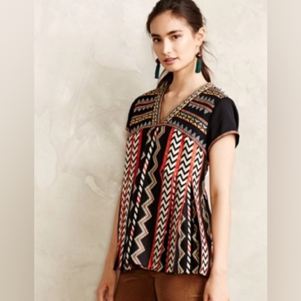 Patterned Black And Multicolor Top Anthropologie … - image 1